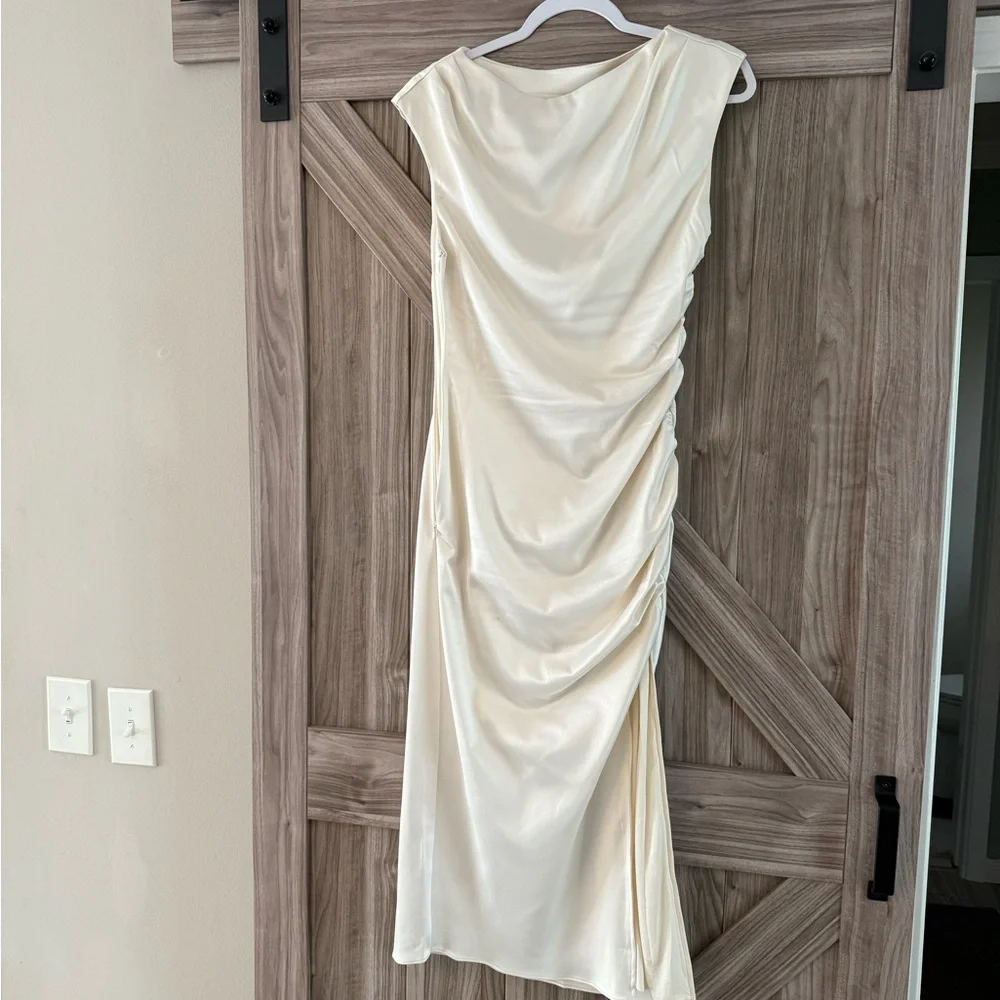 BHLDN Ivory Satin Ruched Midi Dress - Picture 2 of 3